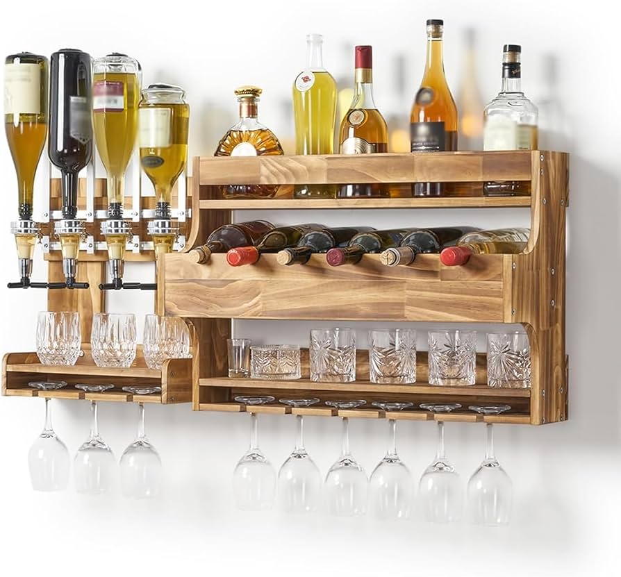 Amazon|素朴な木製壁掛け酒瓶ディスプレイ棚、ガラスホルダーと4本 Amazon|素朴な木製壁掛け酒瓶ディスプレイ棚、ガラスホルダーと4本